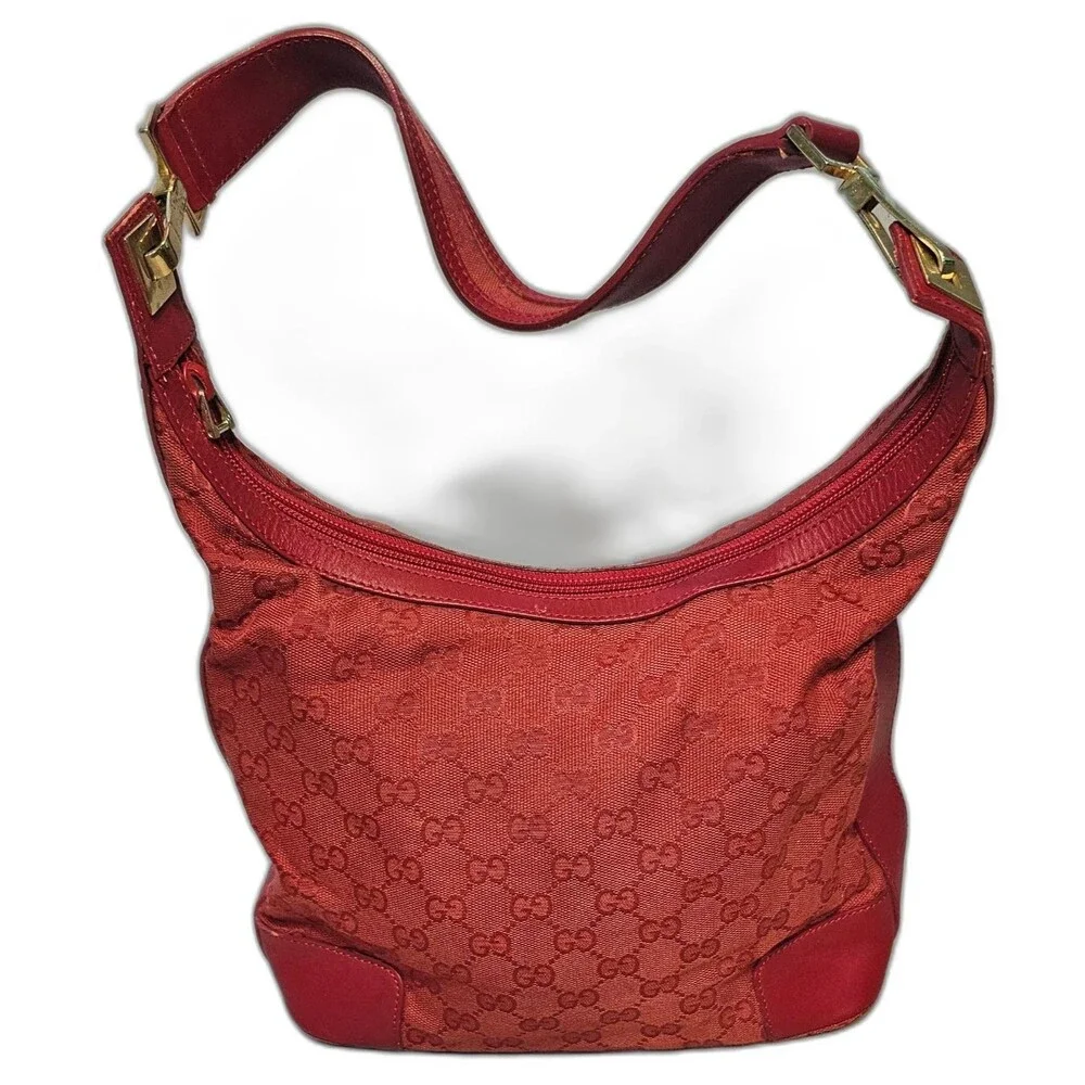 Gucci GG Canvas Hobo Bag Red Model 001‑4204 Leather Trim Gold Hardware Shoulder